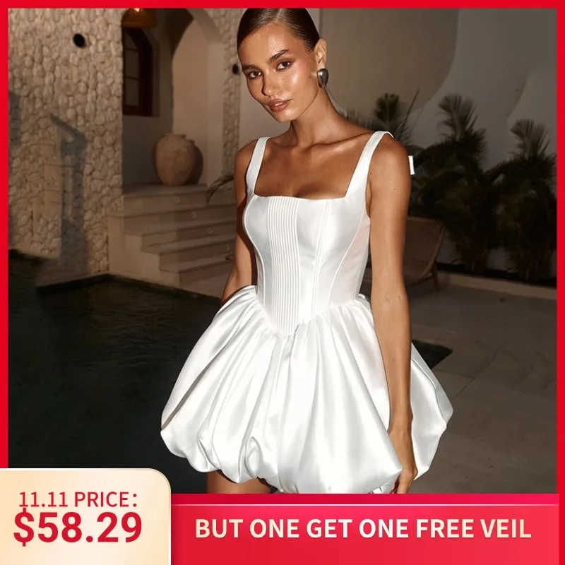 Eightree 2025 Simple Mini Wedding Dresses White Sleeveless Short Satin Bow Wedding Gowns Boho Beach Bridal Prom Dress Customized