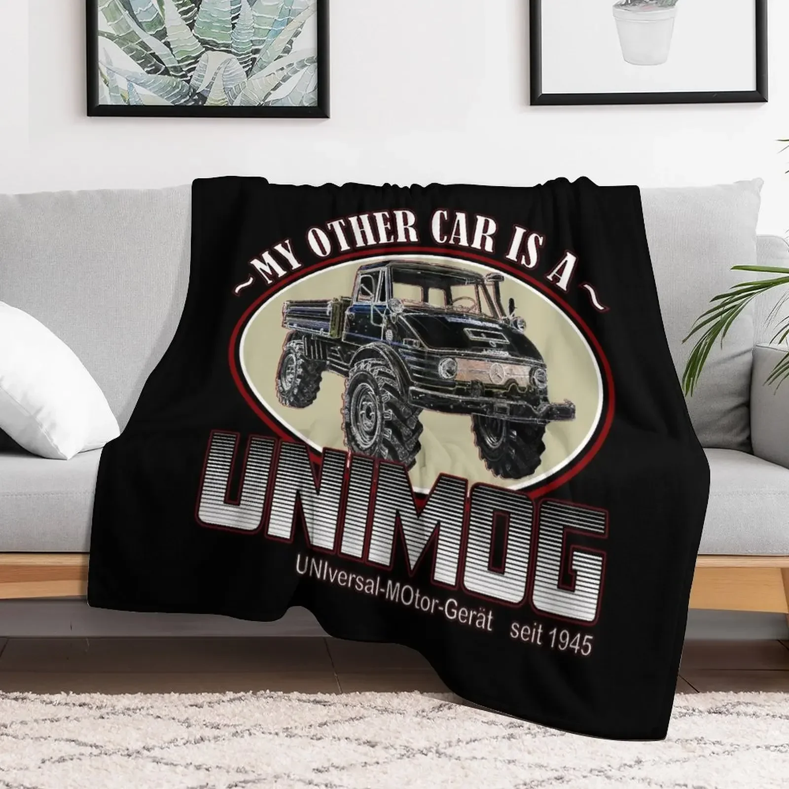 My other car is a UNIMOG (black background) Throw Blanket Decoratives Travel Bed Fashionable Blankets