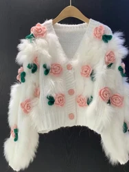 New Arrival Fashion Cardigan Autumn New Warm Soft Waxy Advanced Sweater Embroidered Three-dimensional Rose Knitwear Top