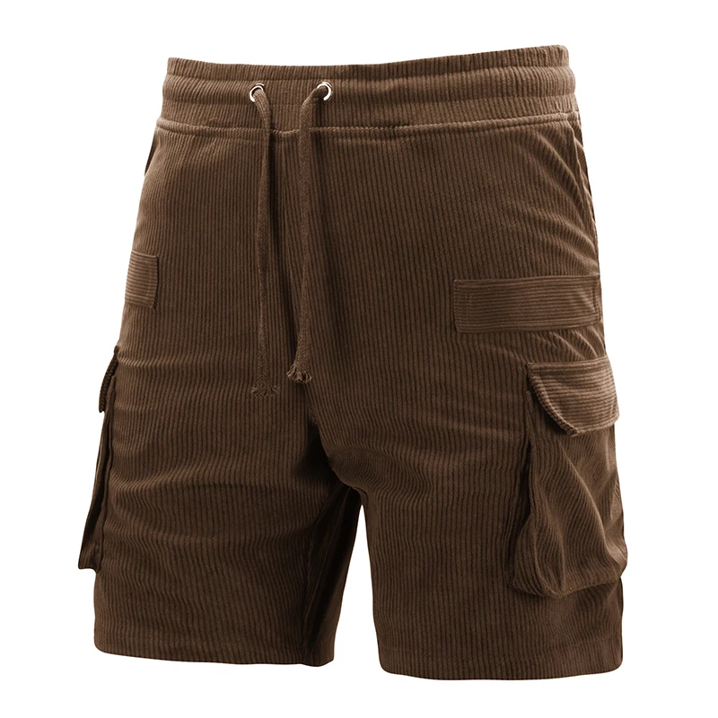 新しいカジュアルメンズ無地コーデュロイショートパンツ春夏スタイリッシュなマルチポケットパッチワークショーツ男性ファッションストレートショーツ