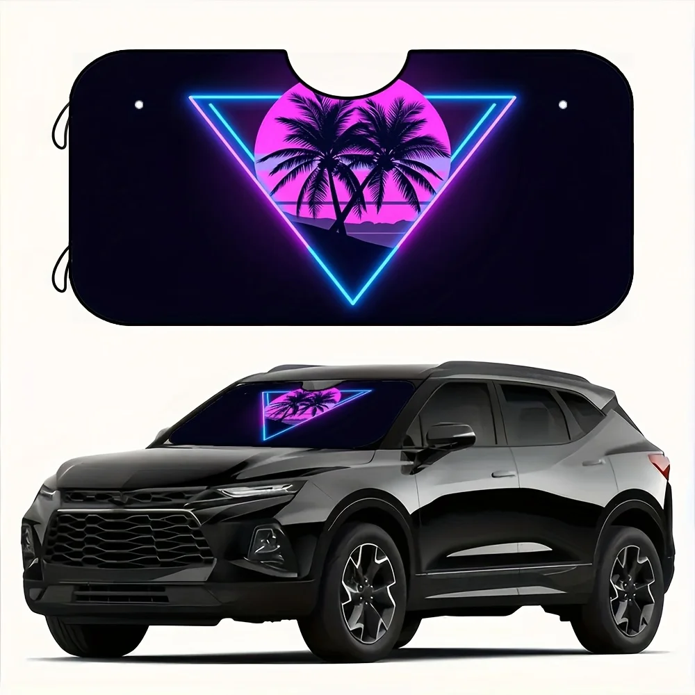 

1pc Quick-Deploy Foldable Vaporwave Neon Glow Car Windshield Sunshade With Retro 80s Palm Tree & Pink/Blue/Purple Hues - Fit For