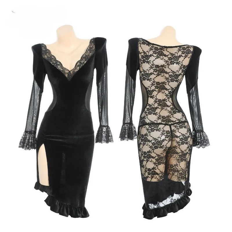 

Эротическое белье: Сексуальное бархатное кружевное платье-русалка с глубоким V-образным вырезом, прозрачными вставками, высоким разрезом и цепочкой, для ночного клуба