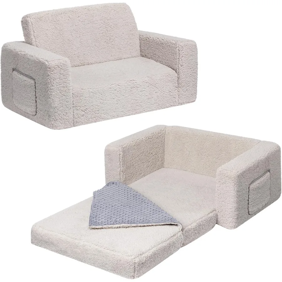 Fold Out Toddler Couch Extra Wide Comfy 2in1 Cuddly Sherpa Sofa for with Removable Baby Friendly Blanket Convertible Sofa to Be