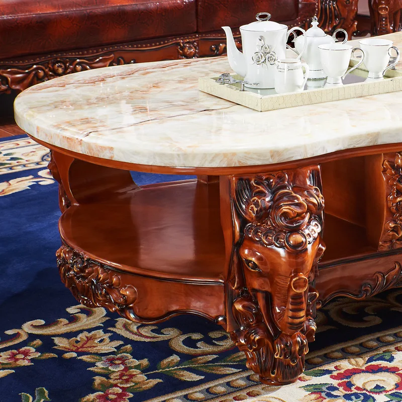 European marble coffee table American luxury solid wood oak elephant carved villa living room