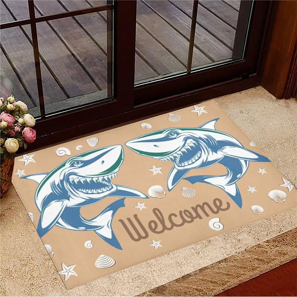 

CLOOCL Welcome Carpets Double Shark Graphic 3D Print Flannel Rug for Bedroom Kitchen Bathroom Non-slip Door Mat Decoration