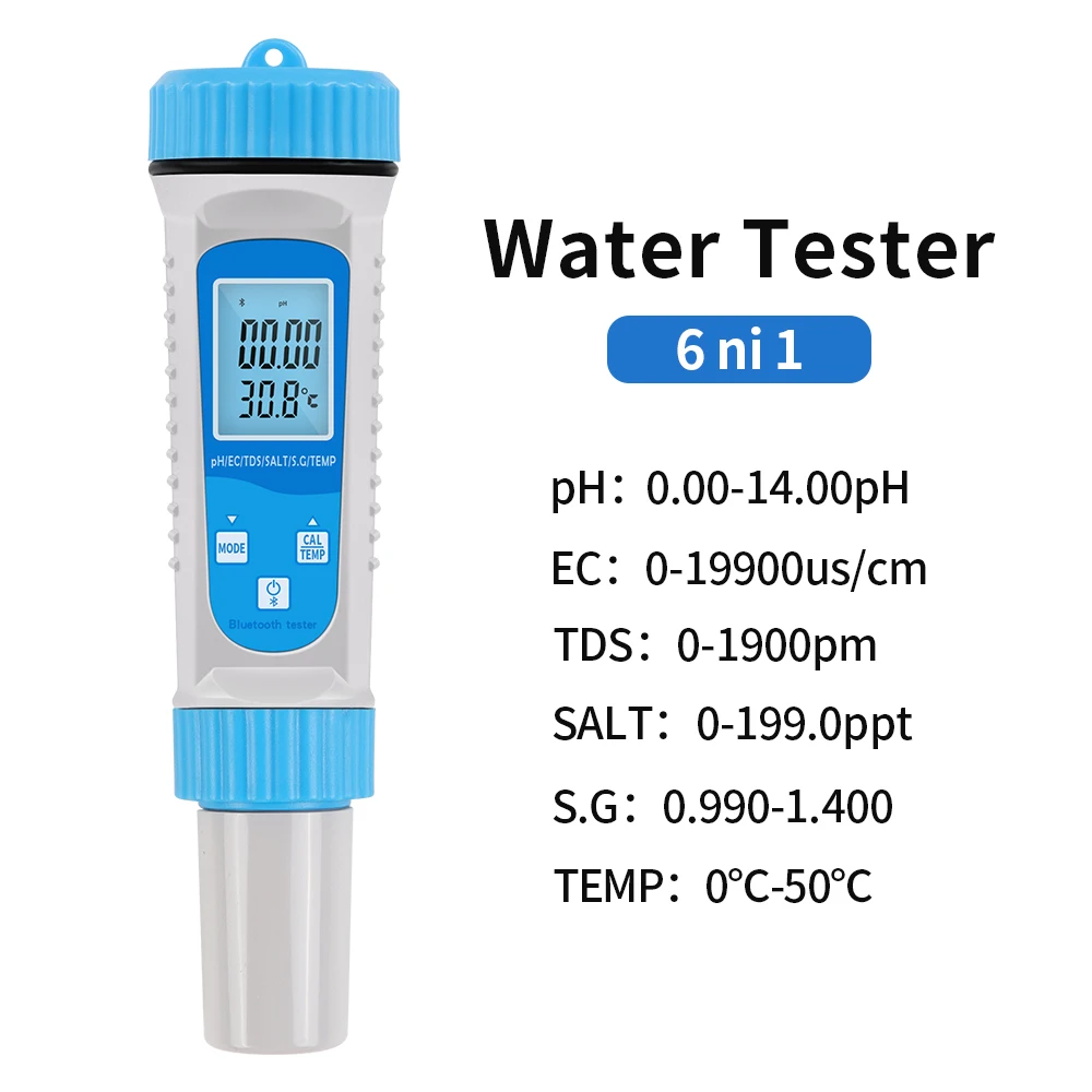 

Bluetooth App PH Meter 6 in 1 Water Quality Monitor Tester PH/EC/TDS/Salinity/S.G/Temp for Drinking Water Aquariums Hydroponics