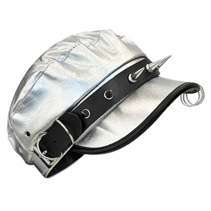 652F 2000s Girls Beret Cool Spikes Headwear Painter Hat Show Small Face Silver Painter Hat with Rivets