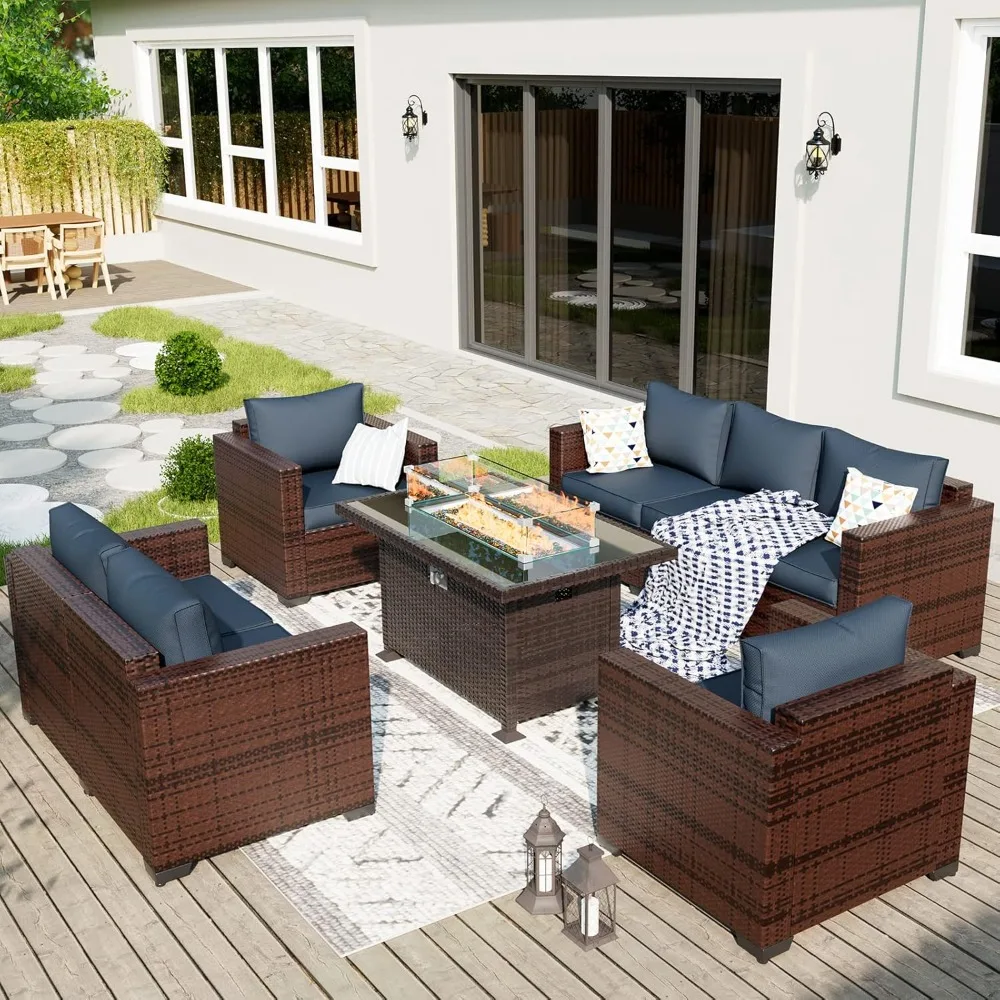 

Outdoor sofa 5-piece set with storage coffee table, oversized wicker patio set with armrests and Glass fire pit