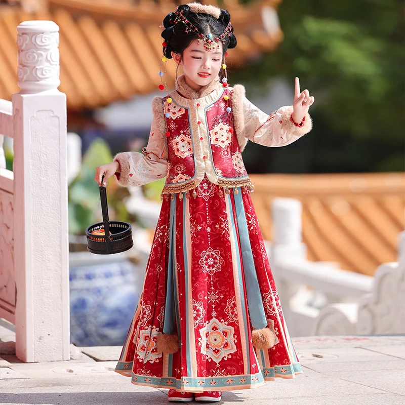 

Зимнее теплое платье ханьфу для девочек, детский стеганая юбка с изображением лошади в древней феи, комплект для малышей, 2026, новый красный костюм на китайский Новый год