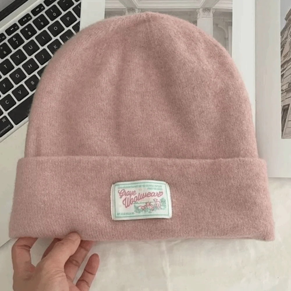 

Sweet Keep Warm Knitted Pullover Hat Ear Protection Coldproof Woolen Stacked Hat Solid Color Polyester Beanies Cap Winter