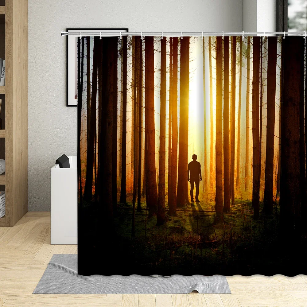 Autumn Forest Plant Shower Curtain Fallen Leaves Natural Scenery Pattern Bathroom Bath Curtains Waterproof With Hooks Polyester