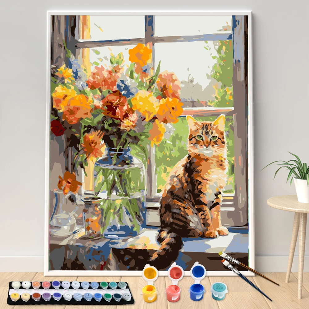 Painting by Numbers Vase and Cat on the Windowsill Adult Acrylic Kit DIY Acrylic Paint Canvas Artwork Art Gift Home Decoration