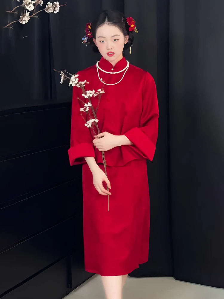 

Red Engagement Dr Set Vintage Chinese Sle Wedding Gown for Brides to Be Matrimony Ceremony mid Waist Fit