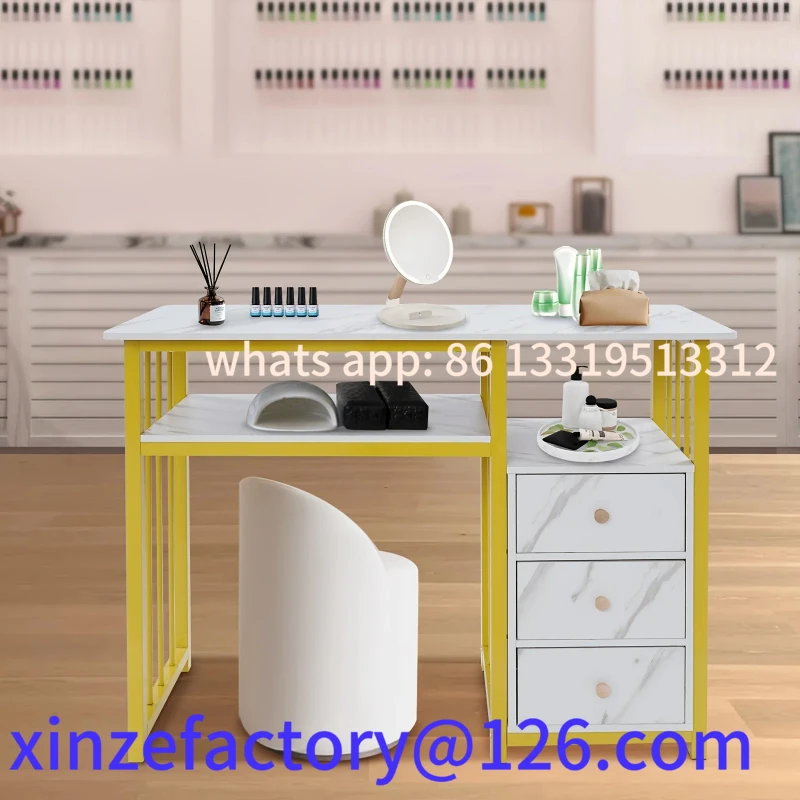 

Customizable Modern Marble Textured Nail Table with Steel Frame and Veneer Panel Tabletop