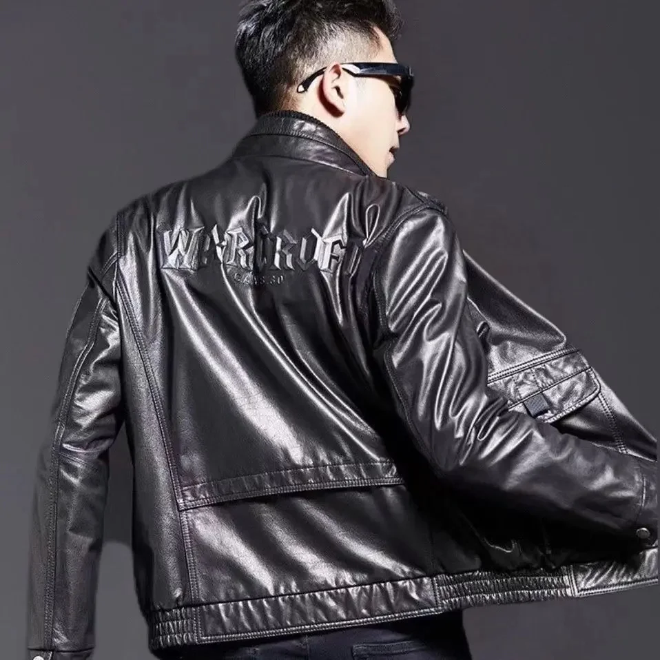 Men's Genuine Leather Jacket Biker Motorcycle Wear Short Standing Collar Oil Wax Men Sheepskin Man Coat