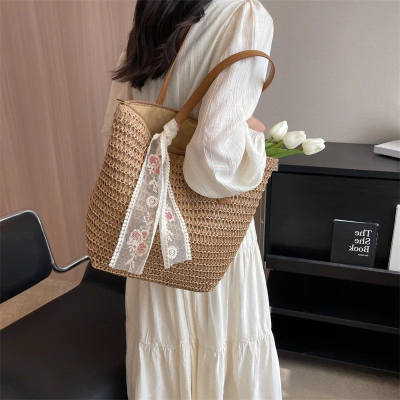 Vintage Women Woven Shoulder Bag Solid Color Lace Ribbon Tote Handbags Wicker Boho Straw Bag for Beach Handle Beige Bag