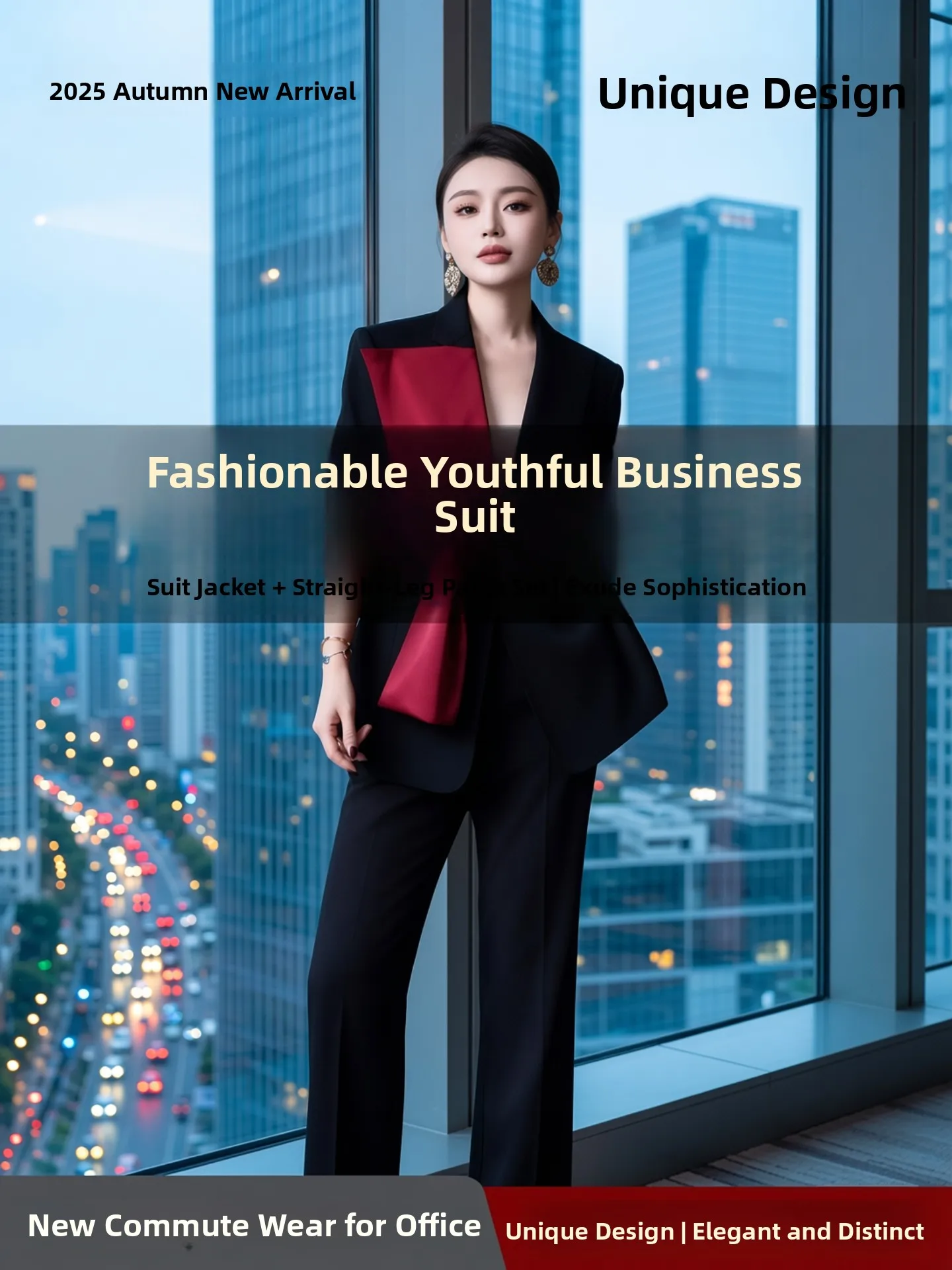 Elegant Color Block Slimming Suit Set for Women High Waist V-Neck Long Sleeve Button up Fashionable Spring Two-Piece Ensemble