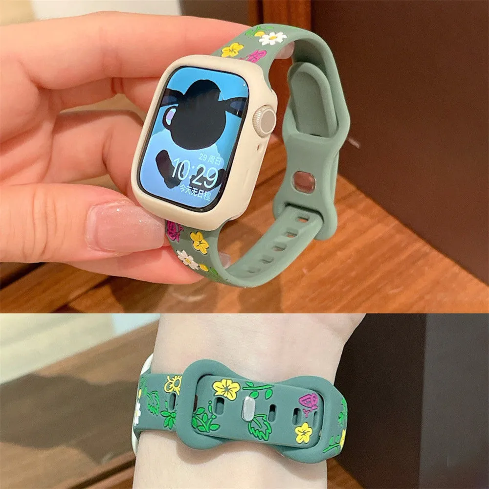 Cute Flowers Silicone Strap Case For Apple Watch Ultra 49mm S10 S11 42mm 46mm 38 40 41 44 45 mmFor iwatch SE 2 3 4 5 6 7 8 9