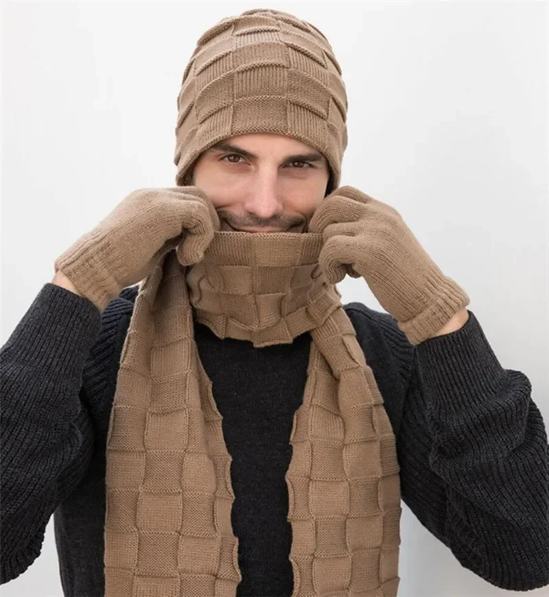 Gants d'hiver pour hommes, écharpe longue tricotée, ensemble de gants de Protection, bonnet d'oreille chaud en peluche, gants pour écran tactile