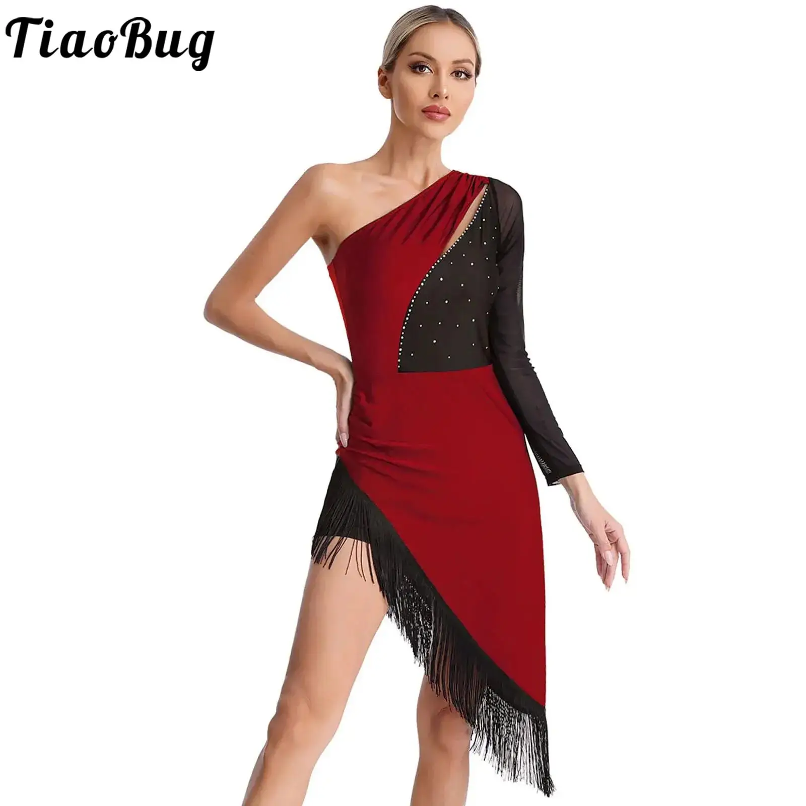 

Women Latin Dance Dress One Shoulder Fringed Irregular Hem Dresses Ballroom Tango ChaCha Rumba Samba Competition Costumes