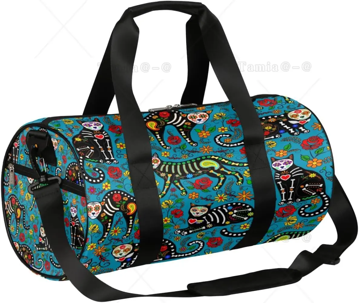 Sugar Skull Cat Sports Gym Bag Shoulder Strap Waterproof Tear Resistant Weekend Travel Bag for Swim Sports Gym