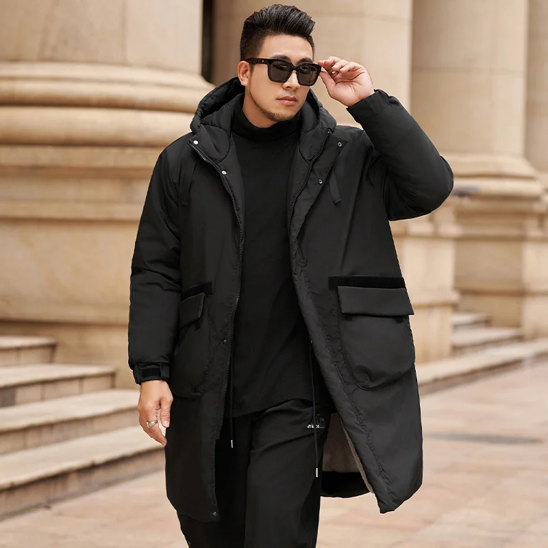 Black Color Mid-Length Hooded Fleece Jackets Men's 2024 Winter EU Overiszed L-6XL Thicken Plush Windbreaker Coat Top Warm Parkas