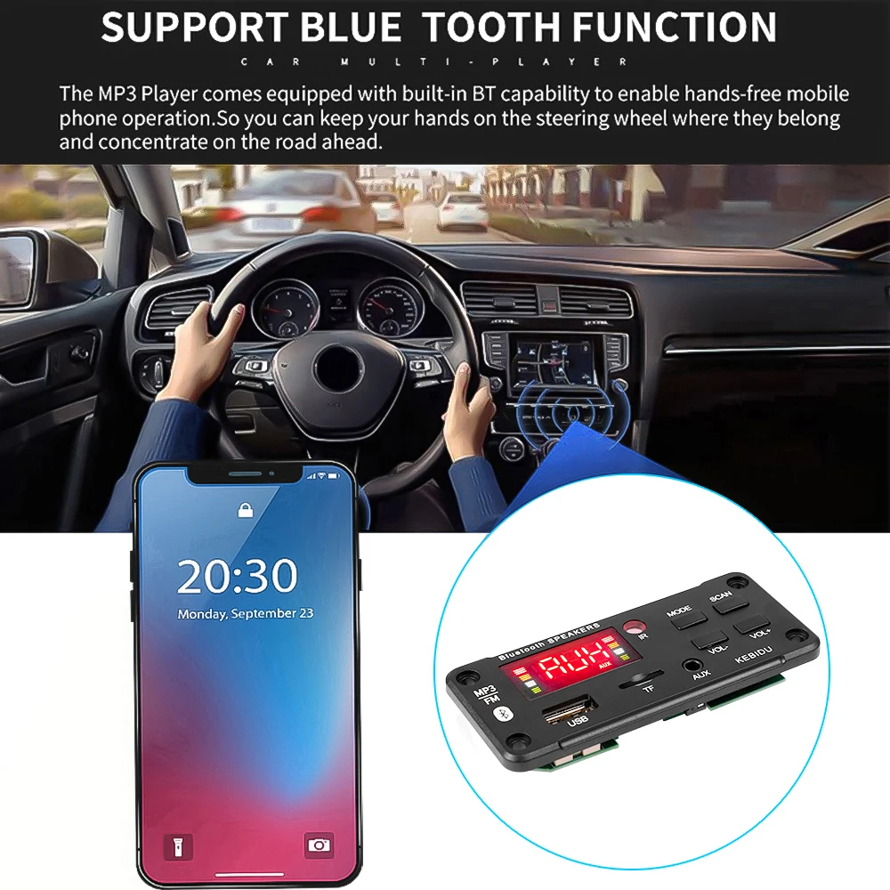 Handsfree Wireless Bluetooth 5.0 MP3 Player Decoder Board DC 12V Support TF Card Slot USB FM With Remote Control For Car Speaker