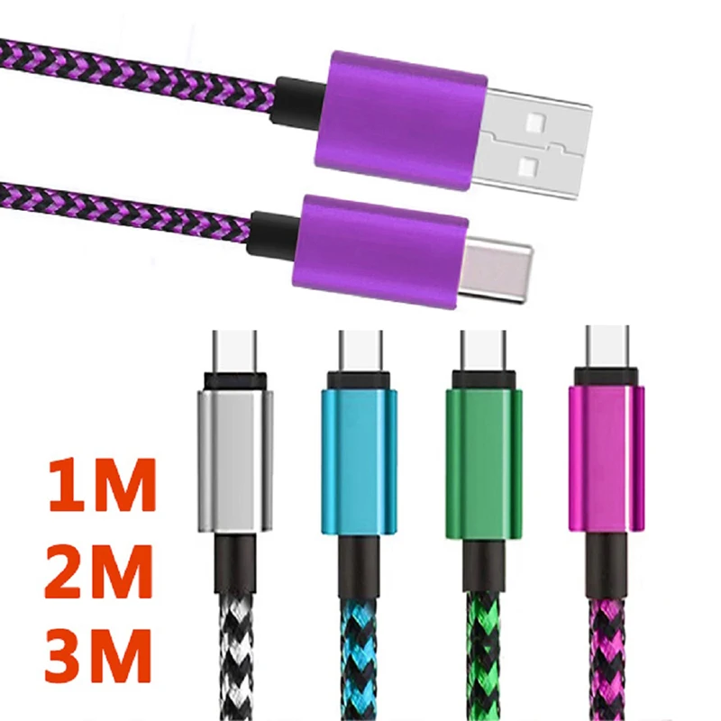 USB Type C Cable Date Sync 2.4A Fast Charging For Samsung Huawei Android Mobile Phone 1M 2M 3M Nylon Braided Wire Charger Cable