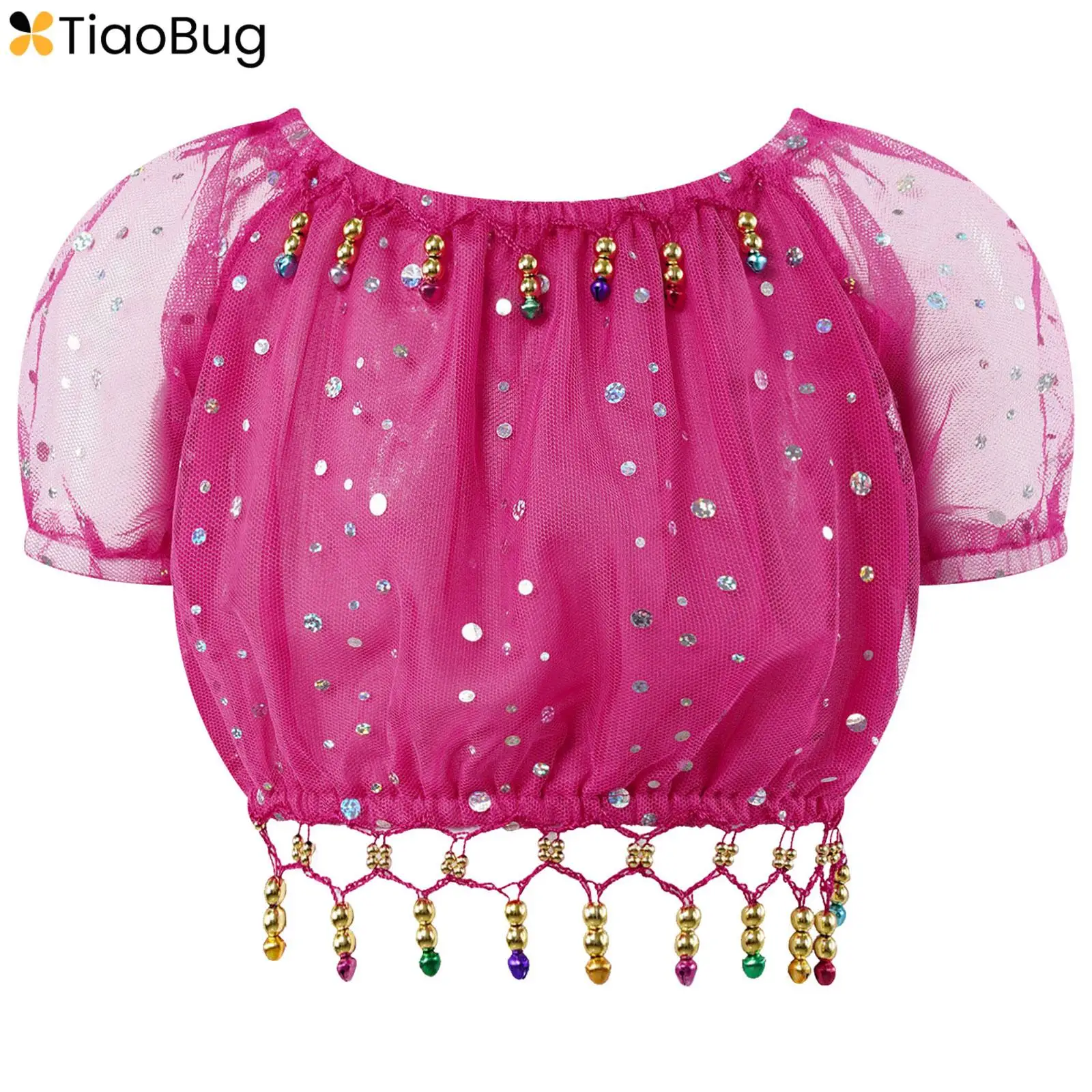 

Kids Girls Shiny Sequins Tassel Belly Dance Top Mesh Short Sleeve Shirts Dancewear Stage Performance Costume