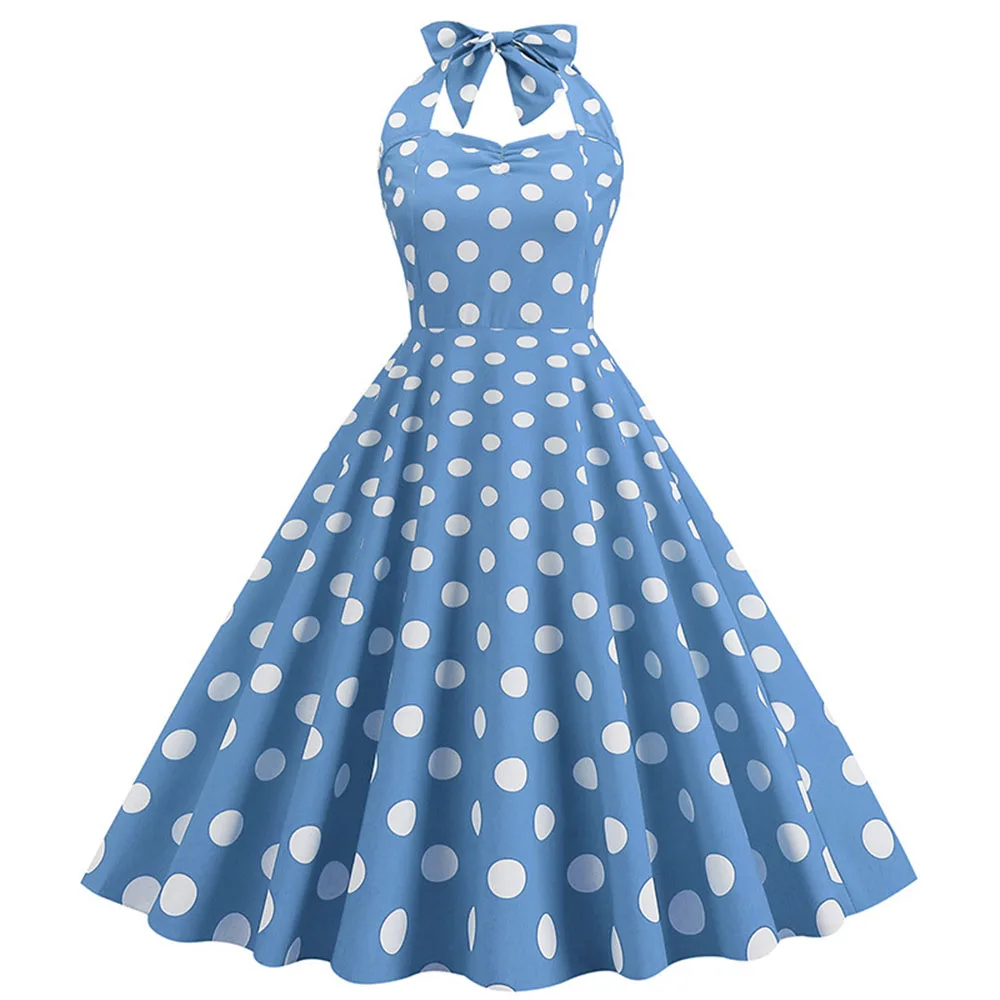 Robe dos nu à pois doux pour femme, dos nu vintage, conception de nœud dans le dos, coupe couvertes, taille cintrée, robe imprimée au genou