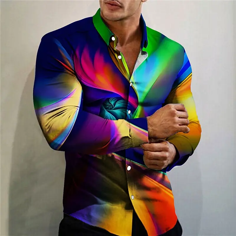 Hot Selling Men\'s Shirt Colorful Abstract Graphic Print Outdoor Street Long Sleeve Shirt Clothing Fashion Streetwear Designer So