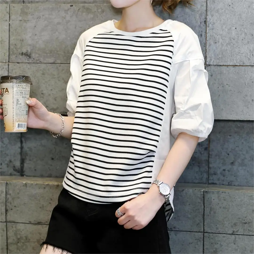 Short Sleeved Bubble Sleeved Patchwork Pullover Shirt For Women\'s Striped Summer Design Round Neck Top