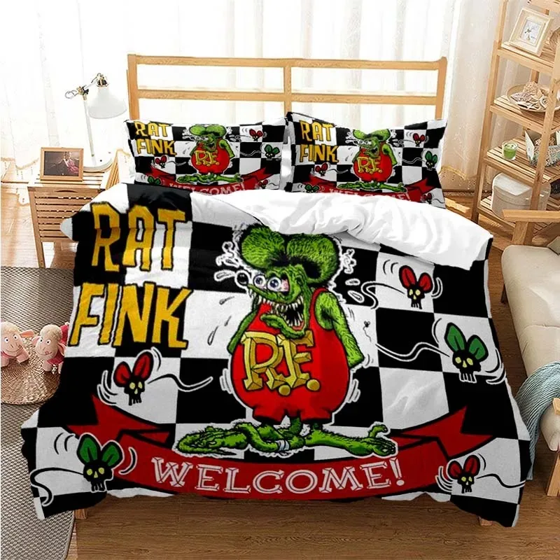 Cartoon Rat Fink Green Mouse Bedding Set Boys Girls Twin Queen Size Duvet Cover Pillowcase Bed Kids Adult Fashion