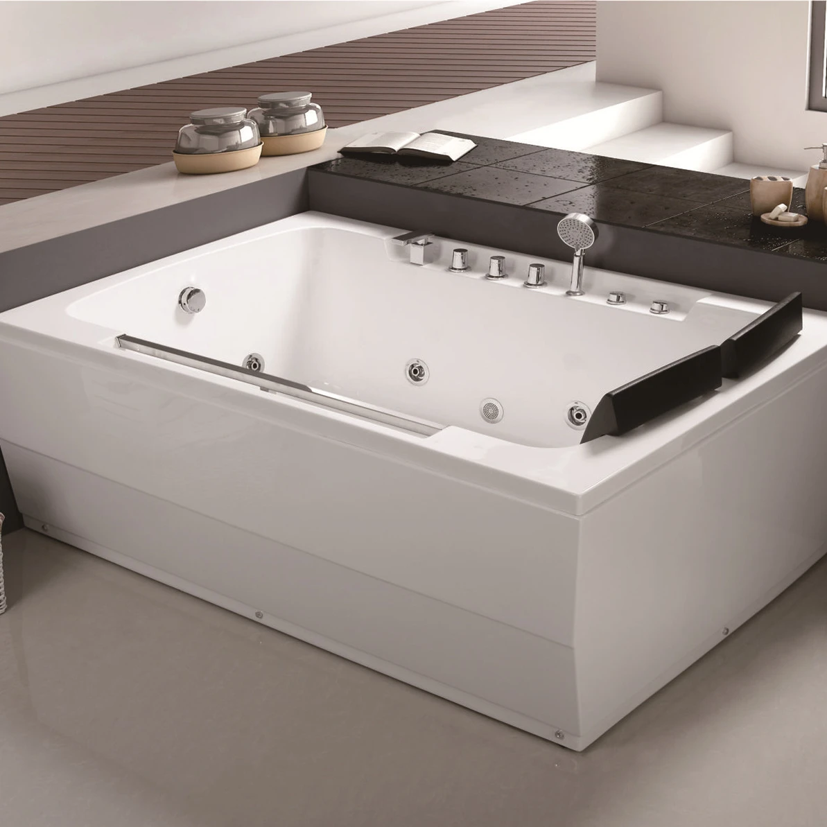 Bathroom Cheap 2 Sided Skirt Whirlpool Hydromassage Jetted Tub Bathtub Shower Combo With Armrests For 2 Person