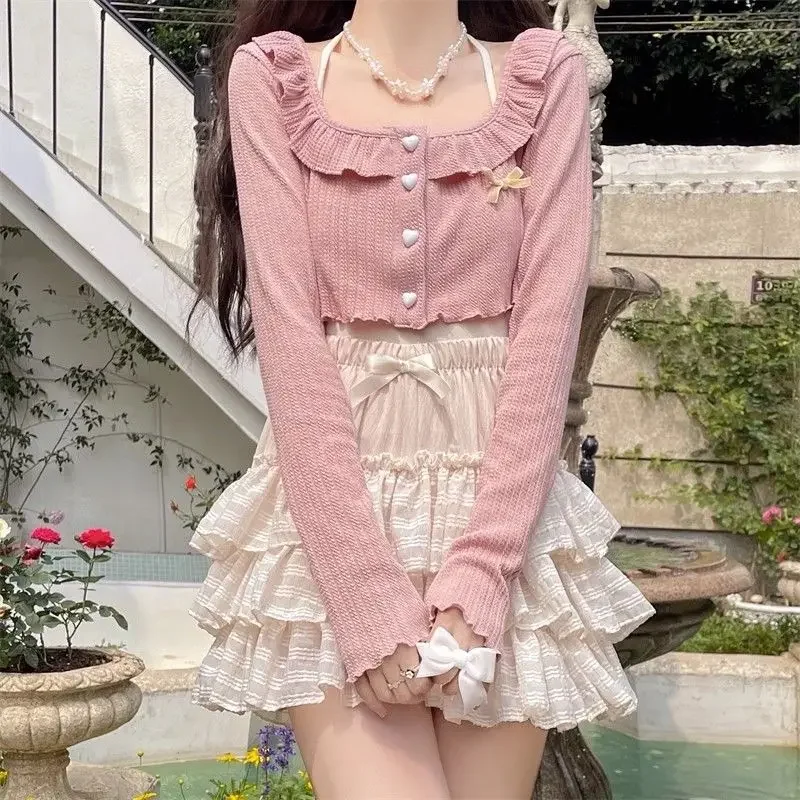 Y2k Kawaii Sweet Ruffles Square Collar Long Sleeve Cardigan Coat+ High Waist Ruched A-line Cake Shorts Skirts New Two Piece Sets