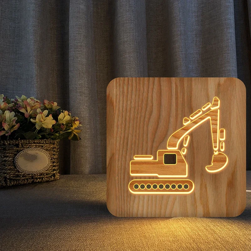 Led Night Light,For Children's Room,LED Table Lights With Excavator Model,Wood Nightlight Decoration