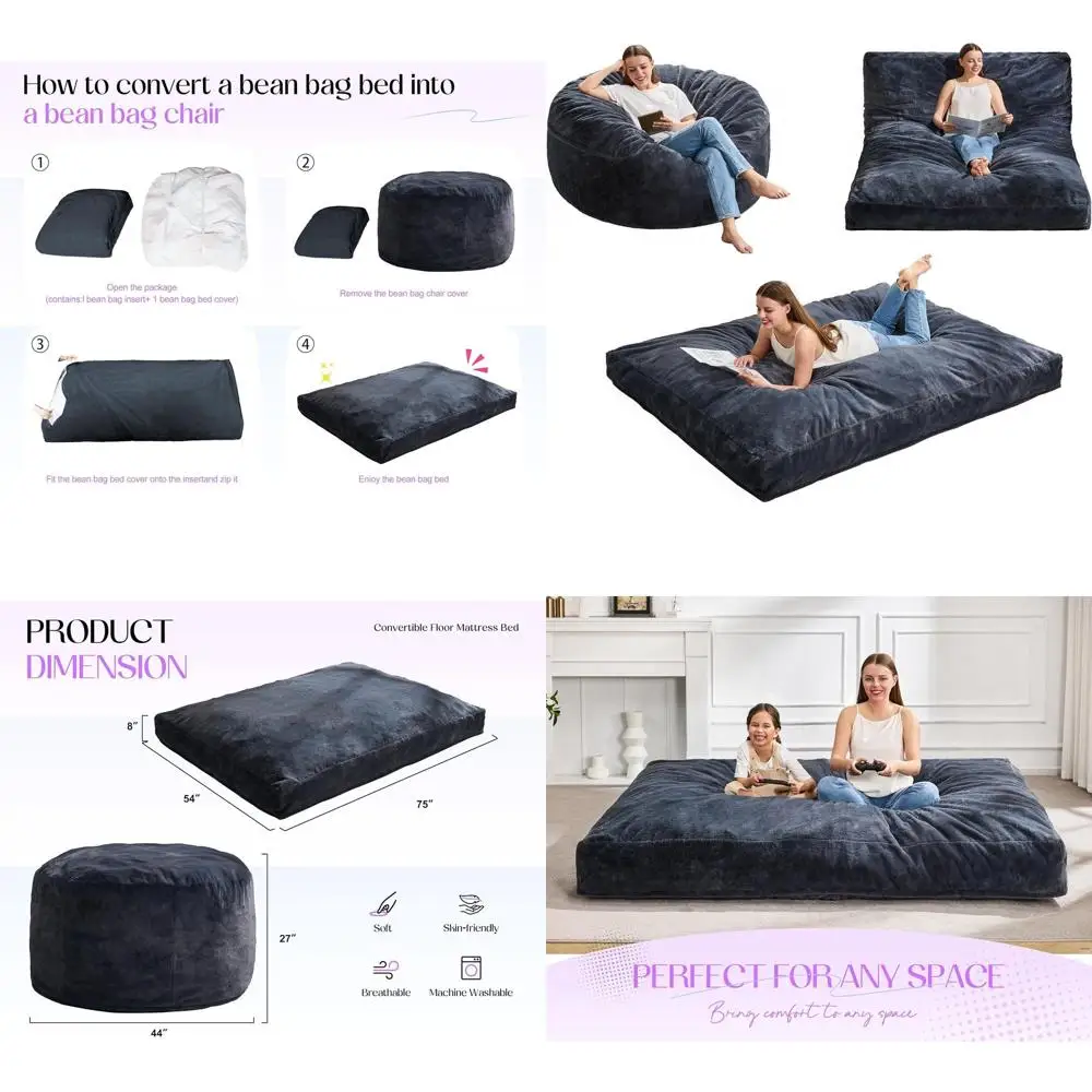 3-in-1 Convertible Bean Bag Chair for Adults, Plush Cover Included, Ideal for Living Room or Bedroom (Grey)