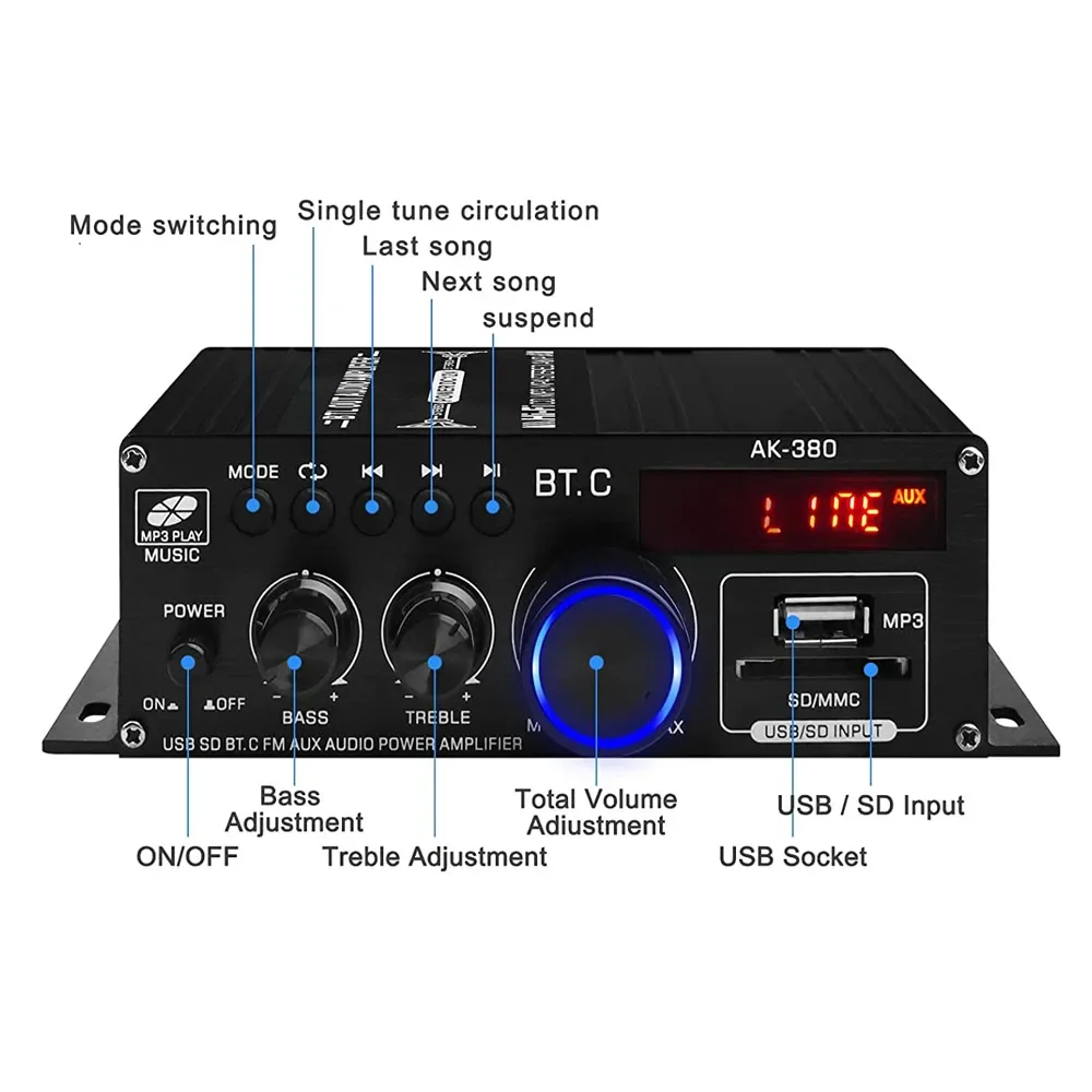 HIFI усилитель звука 2,0-канальный Bluetooth усилитель домашний цифровой аудио DC 12V3A AK380 для автомобильного бас-гитара Trebl