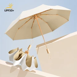 8 Bone Solid Wood Color Glue Umbrella Automatic Rain and Sun Protection UV Folding Female Advanced Sense Sun Umbrella