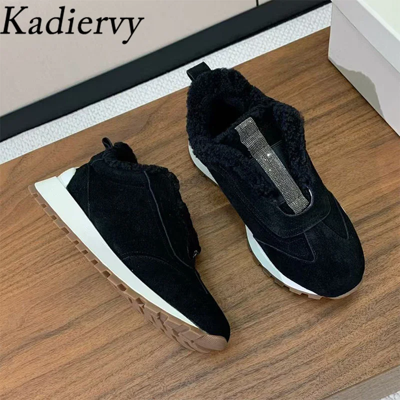 Casual Sneakers For Women Lace Up String Bead Wool Warm Winter Shoes Ladies Cow Suede Running Shoes Flat Sports Shoes Woman