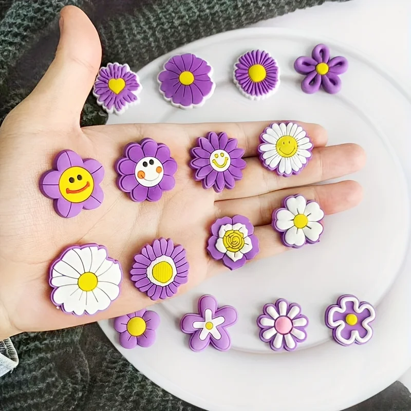15-Pack Purple Daisy Shoe Charms - Detachable PVC Street Style Decor for Crocs, Sneakers & Beach Bags