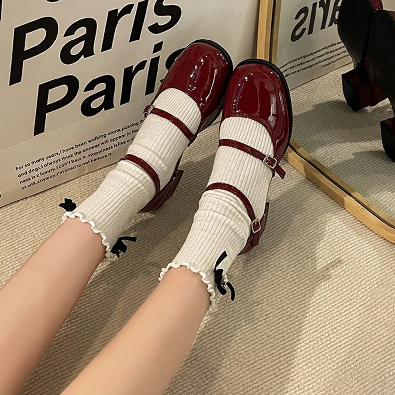 New Mary Jane Shoes Buckle Pumps Women Thick middle Heels Elegant Shallow Square Toe Footwear Party Office Lady Leather Shoes