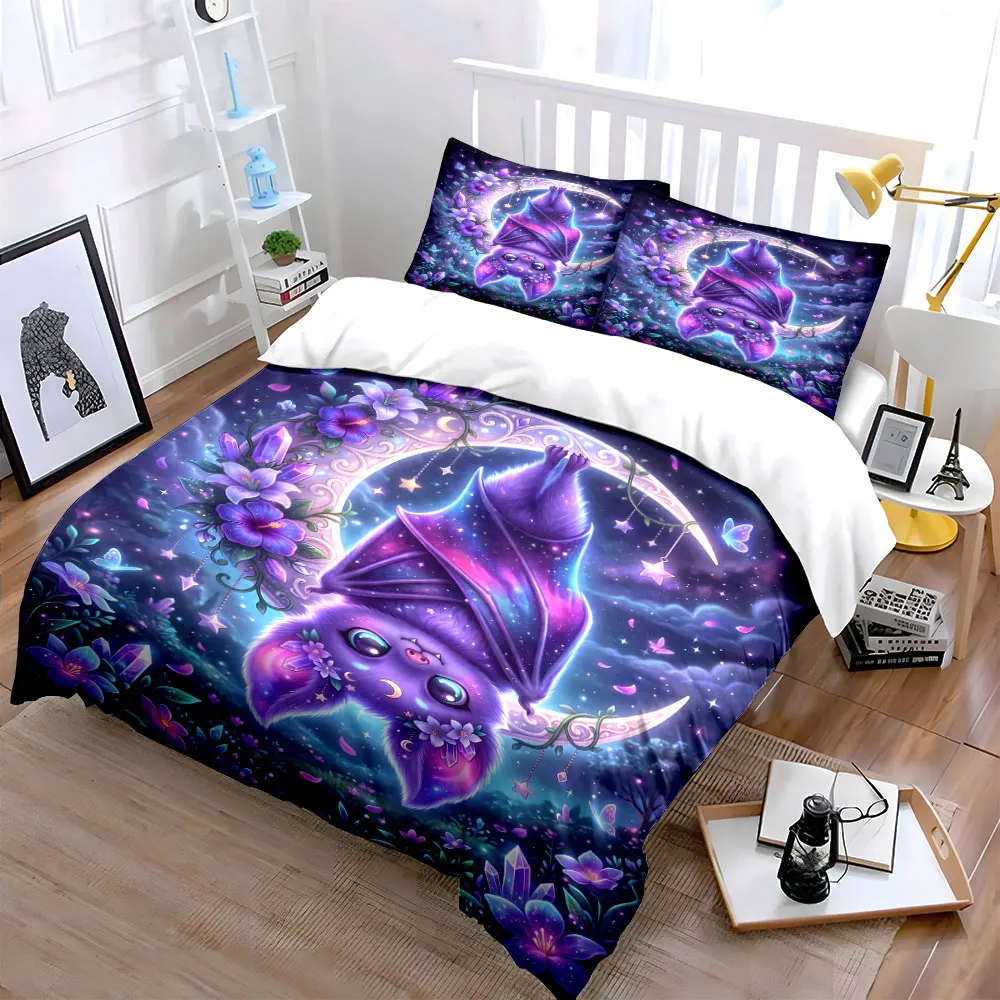 Dreamy purple bat with moon stars Print Bedding Set 1 Duvet Cover 2 Pillowcases for Adult and Children Luxury Gift Full Size