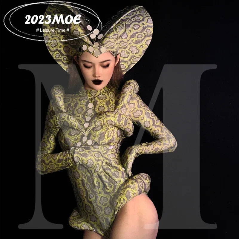 女性ゴーゴーダンス衣装ヘビ柄ボディスーツバーナイトクラブ Ds Dj ハロウィンジャズ服女性ステージ絶賛衣装