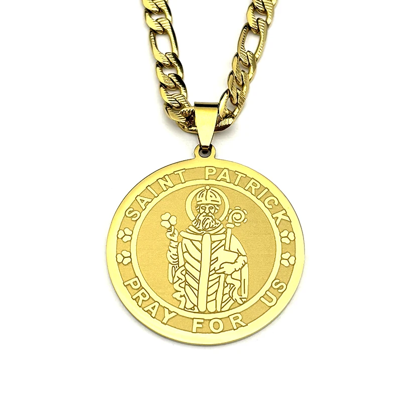 SAINT PATRICK BERDOA UNTUK AS Medali Liontin Kalung untuk Wanita Pria Stainless Steel Warna Emas Christian Amulet Irlandia Hadiah Perhiasan