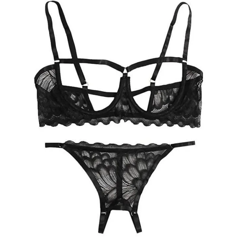 Conjunto de ropa interior para mujer, sujetador con anillo de acero y pecho abierto, bragas con entrepierna abierta, Tanga de encaje, lencería Sexy, conjunto de lencería erótica de realce