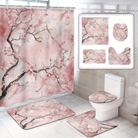4-piece cherry blossom pattern shower curtain set, non-slip bathroom mat, U-shaped toilet mat, toilet lid mat