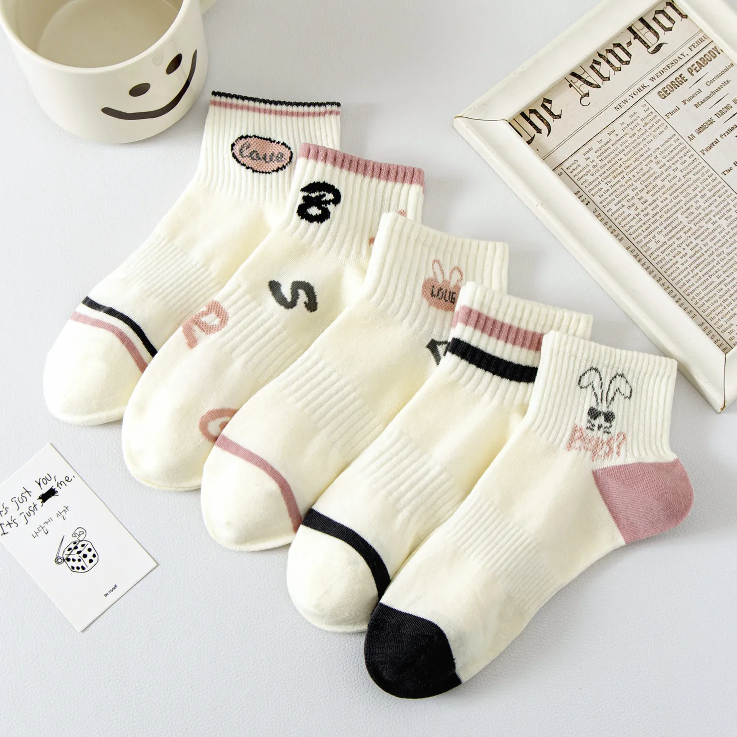 5/10 Pairs High Quality Women\'s Socks Sports New Pink Trendy Socks Pink Rabbit Women Cotton Socks Student Shallow Mouth Socks