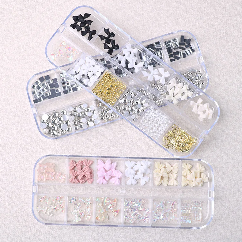 12 Grids Butterfly Nail Art Decorations Set with Mixed Shells, Rivet, Pearl Rhinestones Mixed Shapes and Colors