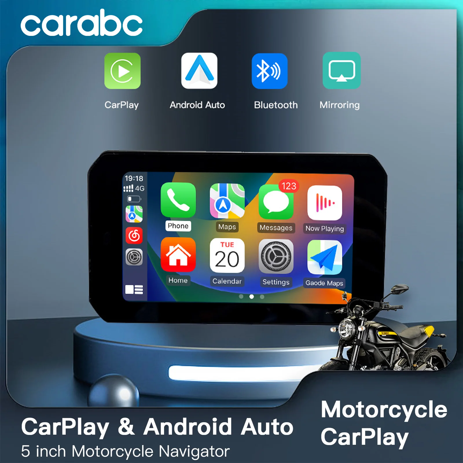 

CARABC 5 Inch Motorcycle CarPlay Portable Navigation GPS Waterproof Display Wireless CarPlay Android Auto IPX7 Driving reco